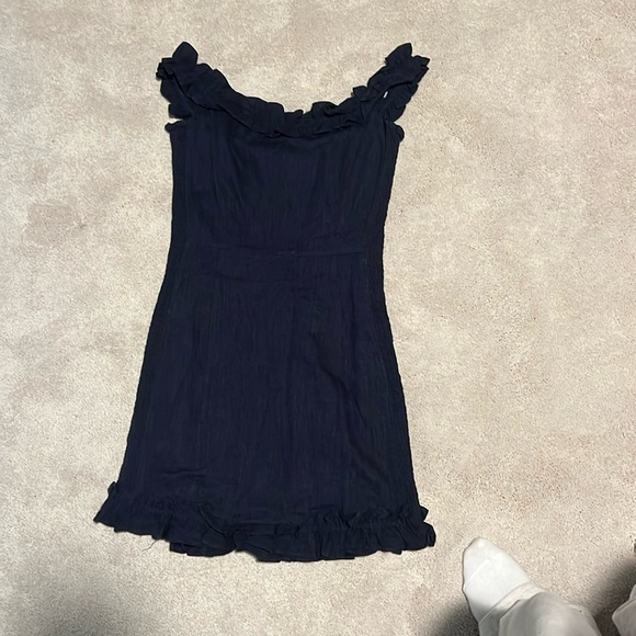 lulus size s Elati Ruffled Off The Shoulder Bodycon Linen Mini Dress Navy Blue - Picture 2 of 4